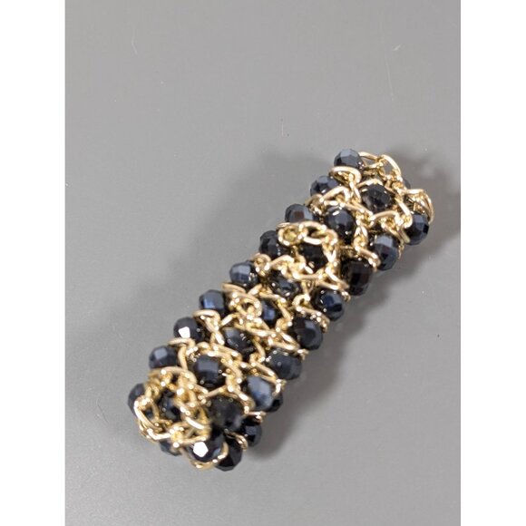 Faceted Gray Glass Bead Woven Gold Tone Chain Bracelet 6 in - Picture 2 of 8